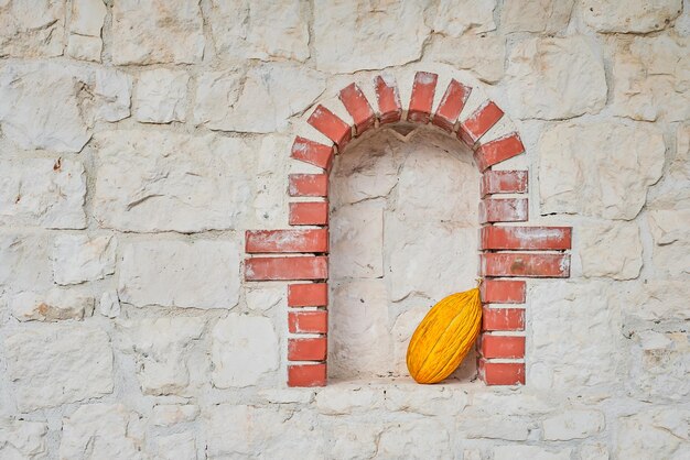 Yellow Turkish melon in a niche on a stone wall photo with copy space fruits from a farmers market Idea for background or product article