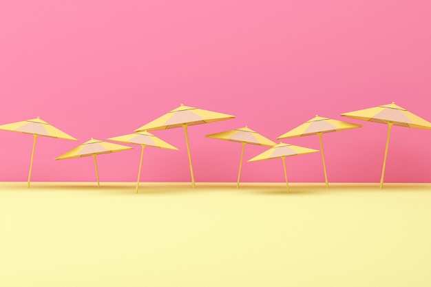 yellow umbrella floating on pastel pink background , 3d rendering.