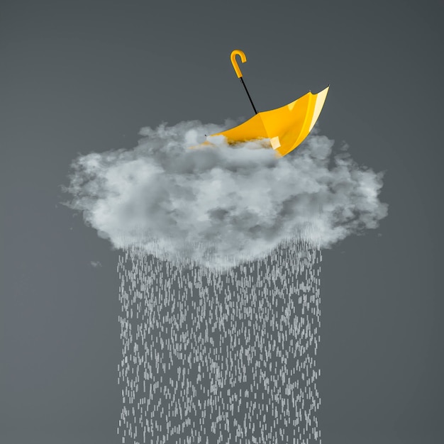 Yellow umbrella on gray rainy cloud Creative autumn conceptual 3D rendering