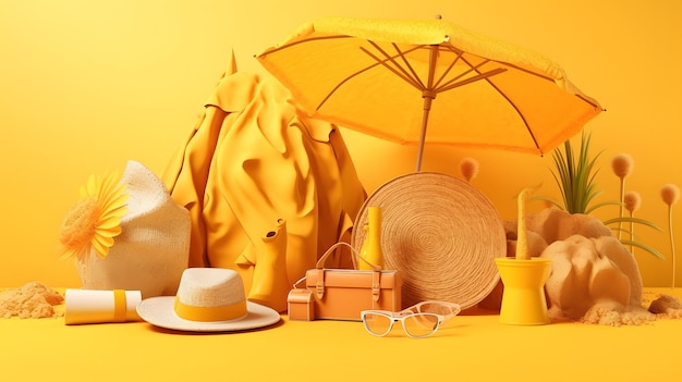 A yellow umbrella, a hat, and a hat are on a yellow background.