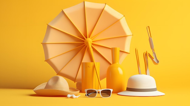 A yellow umbrella and sunglasses are on a yellow background.