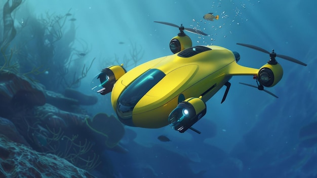 Yellow underwater drone exploring coral reef