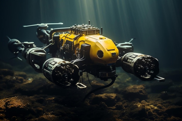 A yellow underwater vehicle floating on top of a body of water AI