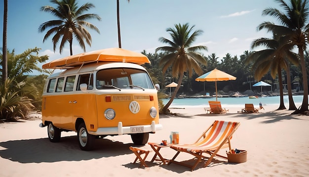 a yellow van with a beach towel on the front