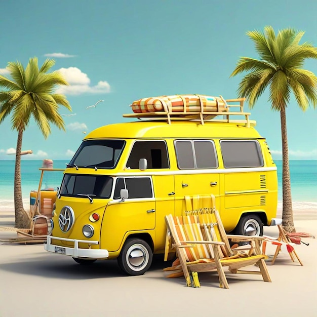 a yellow van with a camper on the top is parked on a beach