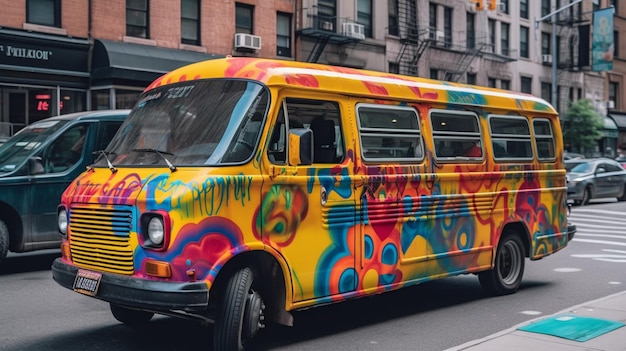 A yellow van with the word " love " painted on the side.