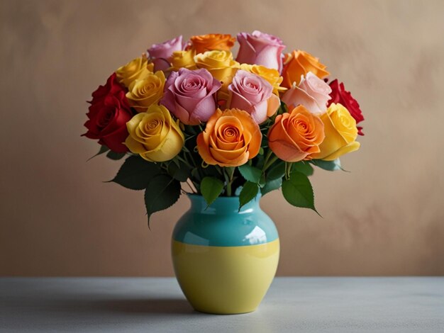 a yellow vase with many roses in it and a yellow vase with the word roses on it