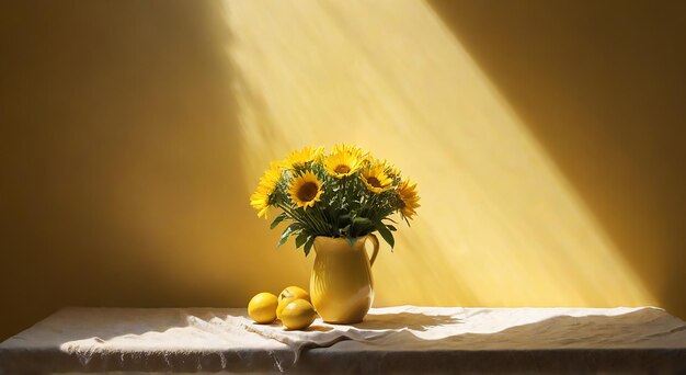 a yellow vase with sunflowers on it and a yellow vase with a bunch of yellow flowers