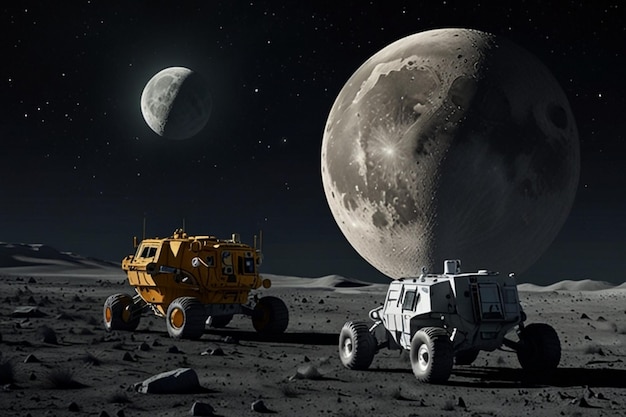 Photo a yellow vehicle is on the moon with a star in the background