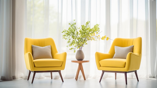 Yellow velvet sofa near stucco wall with wooden