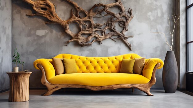 Yellow velvet sofa near stucco wall with wooden