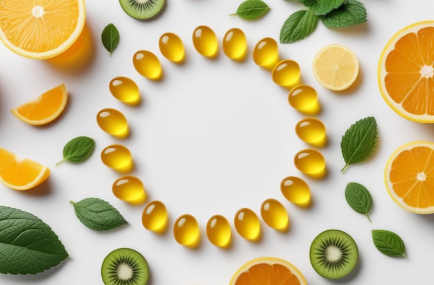 Photo yellow vitamin capsules arranged around a circular space for text clean white background slices of fresh citrus fruits kiwi emphasizing the importance of natural sources of vits health supplement