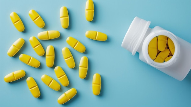 Yellow Vitamin Capsules with a Bottle