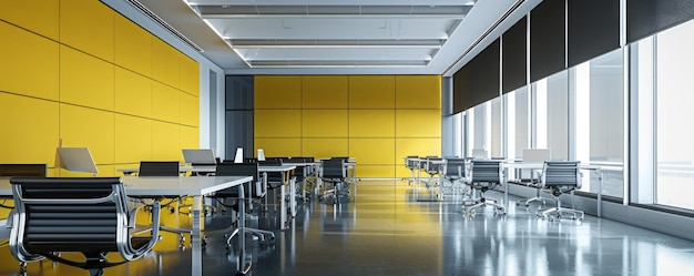 yellow wall in a conference room with chairs and tables