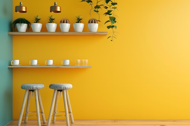 Yellow Wall Interior Design With Wooden Shelves Stools and Plants Generative AI