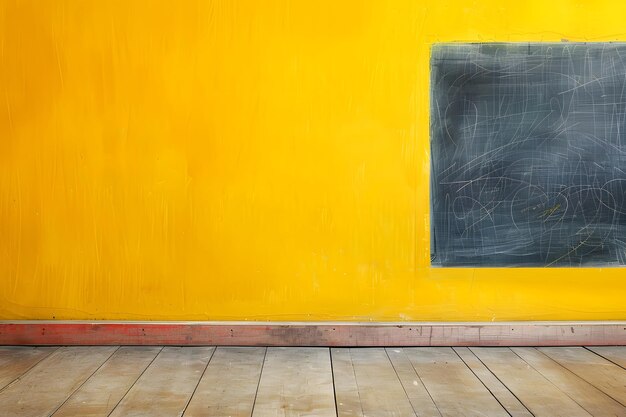 Photo a yellow wall with a black chalkboard and wooden floor