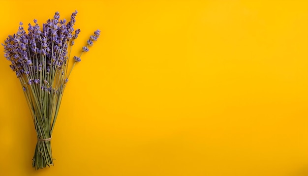 a yellow wall with a bunch of lavender flowers in front of it