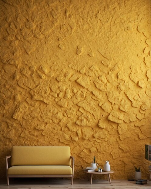 Photo a yellow wall with a couch and a bottle of wine on it