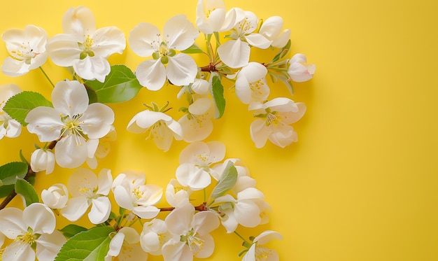 a yellow wall with a flower on it and a green branch that says spring