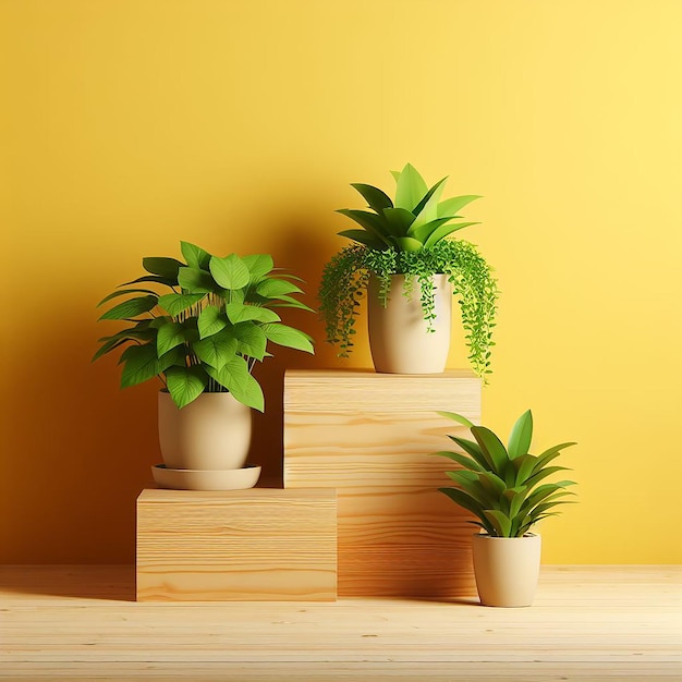 a yellow wall with a plant on it and a potted plant on the shelf