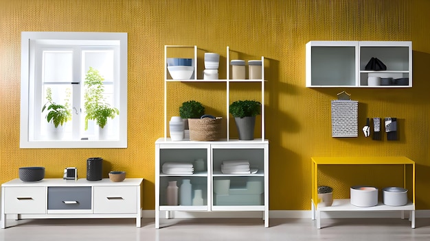 A yellow wall with a shelf and a plant on it