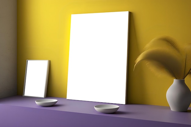 A yellow wall with two white frames and a white canvas on it.