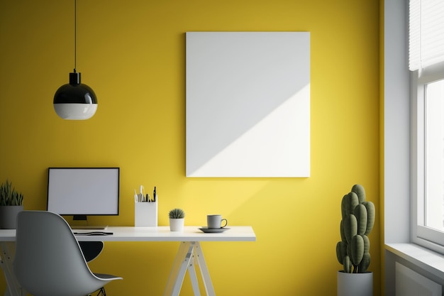 A yellow wall with a white poster that says'home office'on it