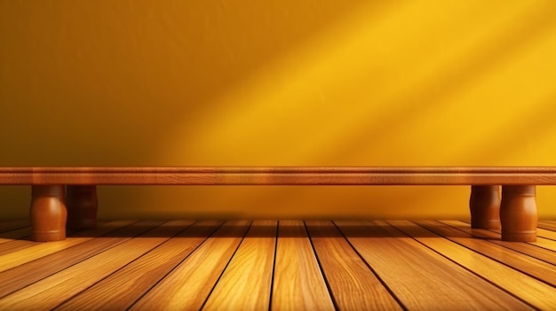 A yellow wall with a wooden floor and a wooden floor.