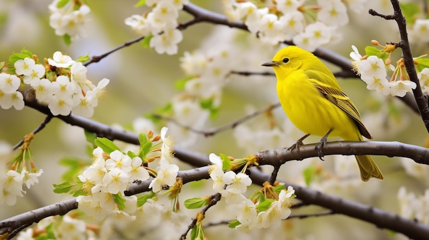 Yellow warbler resting on a blooming branch in a lush spring environment