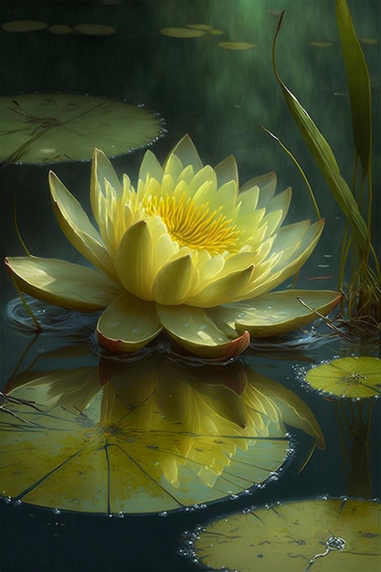 Yellow water lily floating on top of a pond generative ai