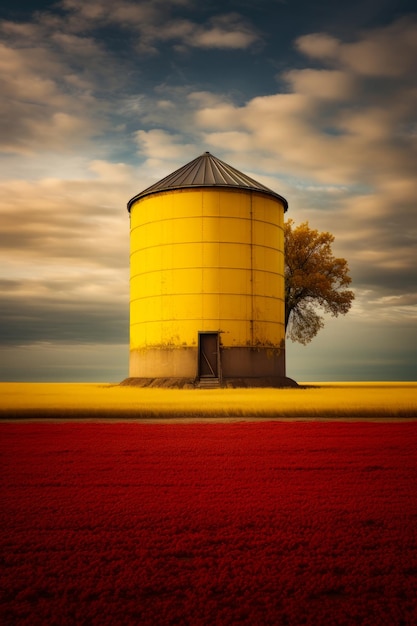 Yellow water tower in field with tree in the middle Generative AI