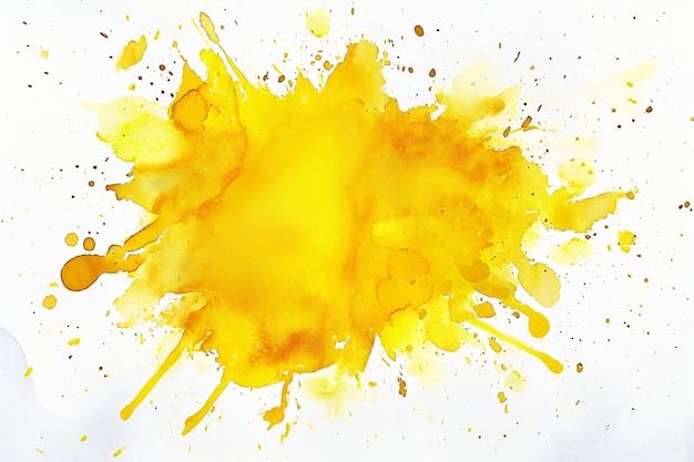 Yellow watercolor paint splashes on white paper abstract art background