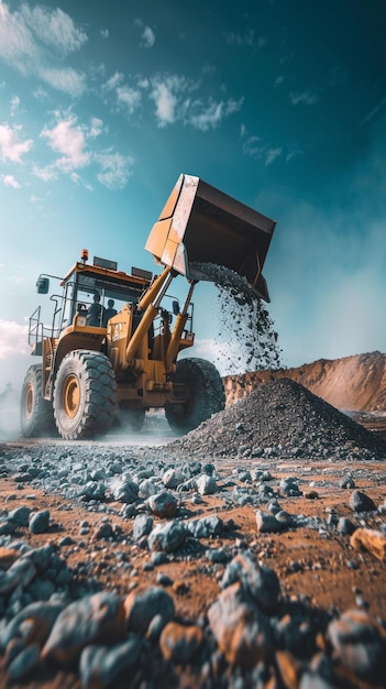 A yellow wheel loader is dumping gravel on a construction site The machine is in the foreground with the blue sky and white clouds in the background