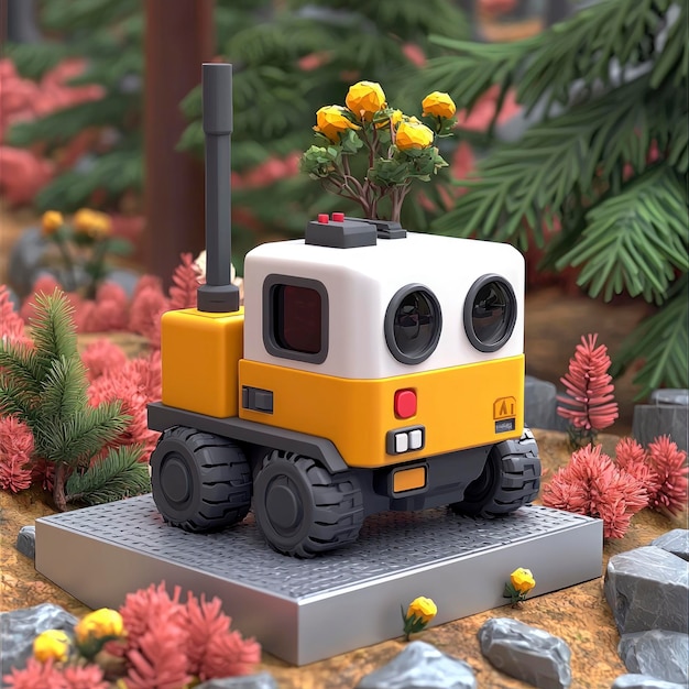 Yellow and White AI Robot in a Miniature Forest Landscape