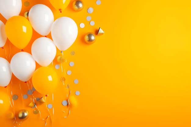 Yellow and white balloons on a yellow background with a gold bow