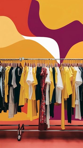 Yellow and white clothes on sale hangings on racks against vivid background big sale and shopping