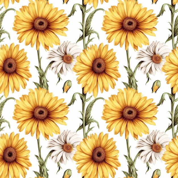 Yellow and White Daisy Flower Floral Seamless Pattern on White Background