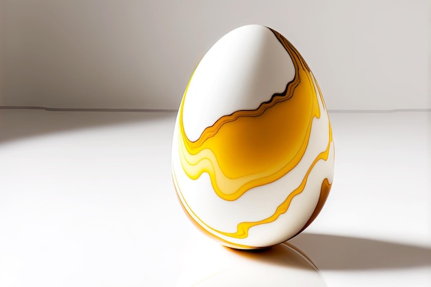 Yellow white easter egg with shell on white table