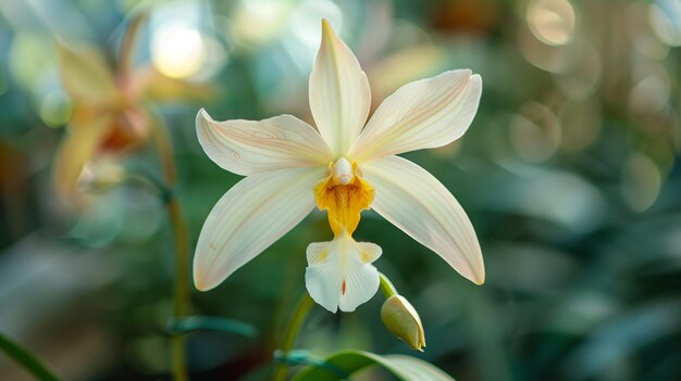 a yellow and white flower with the name  h e  on the bottom