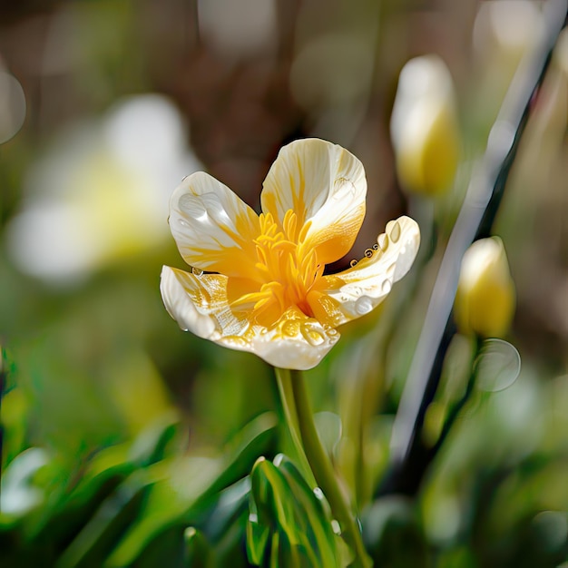 A yellow and white flower with the word " spring " on it