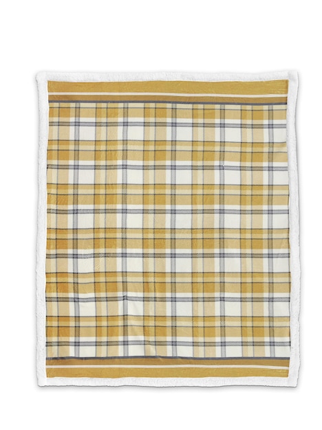 A yellow and white plaid blanket with a white border.