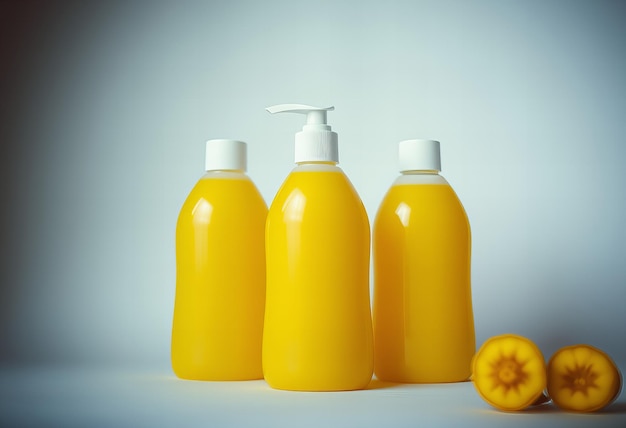 Yellow and white shampoo bottles front view isolated on white background high resolution photogra