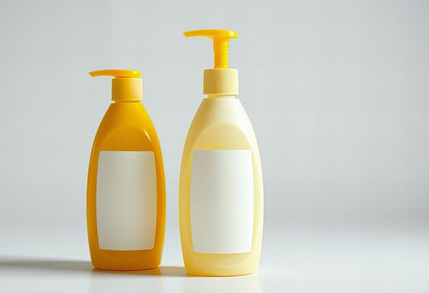 Yellow and white shampoo bottles front view isolated on white background high resolution photogra