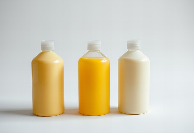 Yellow and white shampoo bottles front view isolated on white background high resolution photogra