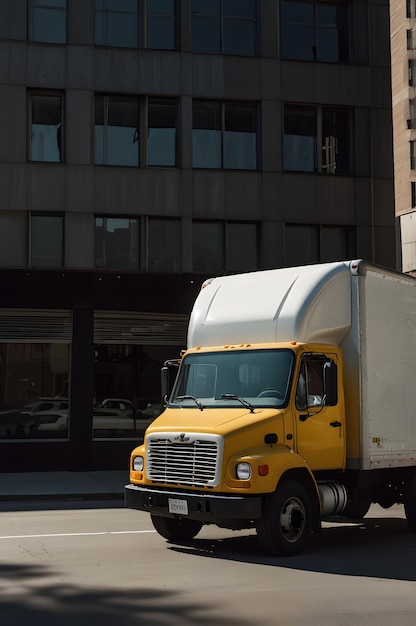 Photo a yellow and white truck is driving down the street