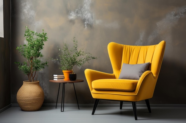 Yellow wing chair and coffee table near beige grunge stucco wall Interior design modern living room