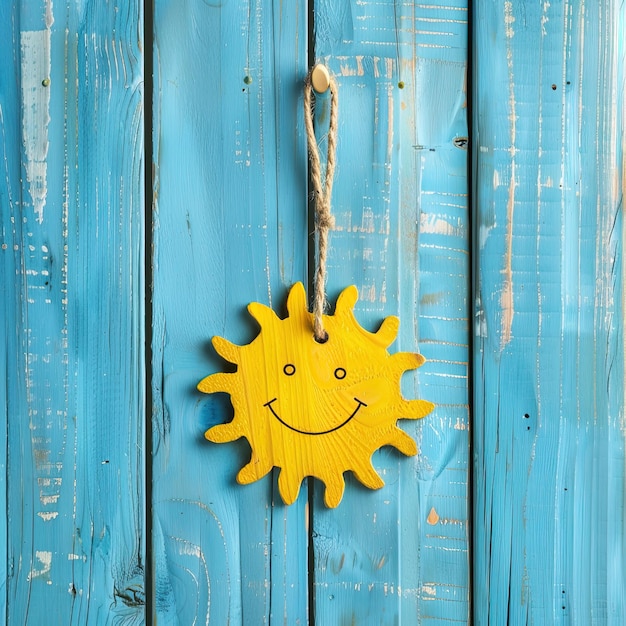 Photo yellow wooden sun hanging on a blue wooden wall