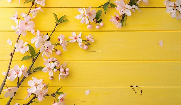 a yellow wooden table with flowers