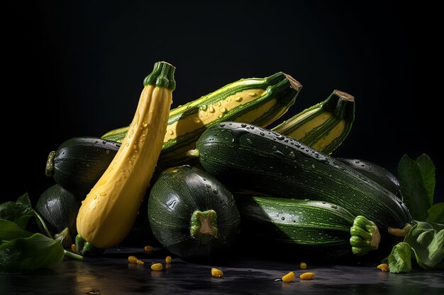 A yellow zucchini sits on a black surface next to other zucchini.