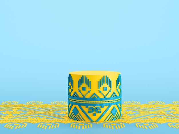 Yellowblue empty mock up space with platforms and Ukrainian ornaments 3d render